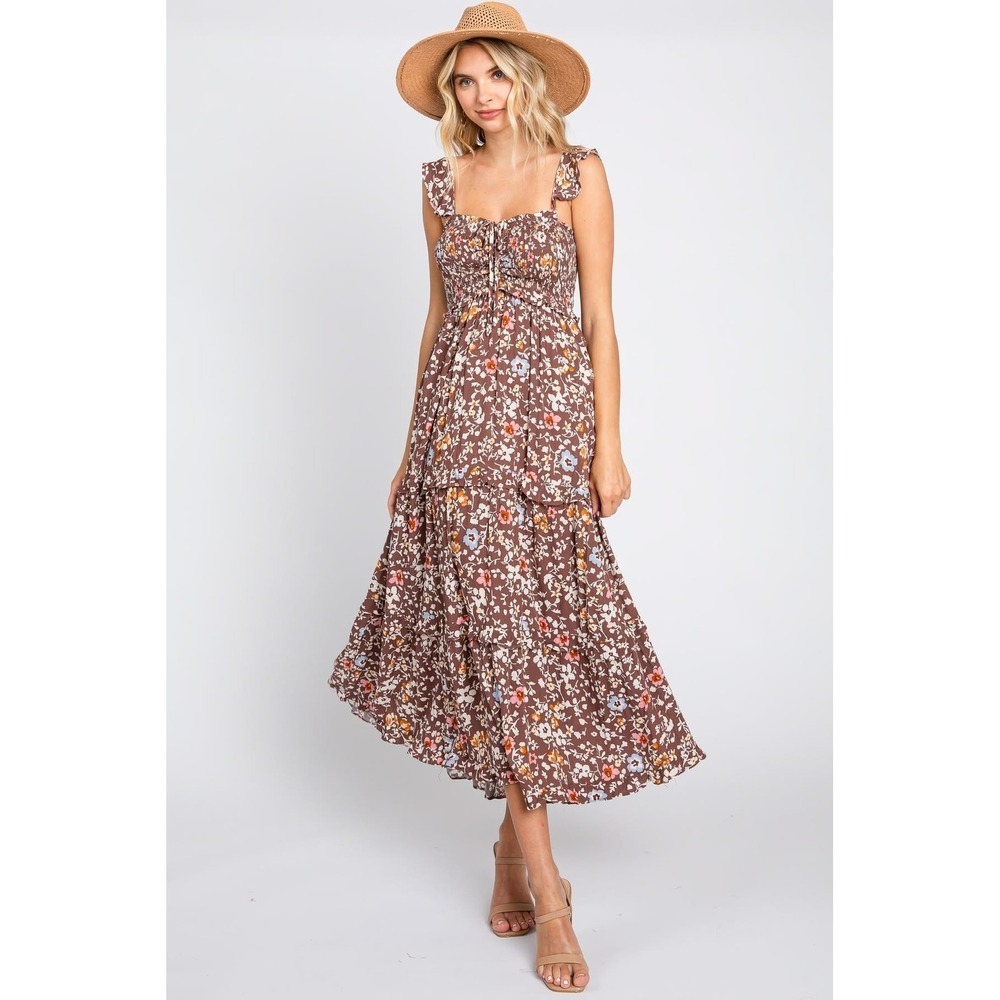 Pink Blush Smocked Floral Midi Dress M‎ Cottagecore Tiered Vacation Resort Beach